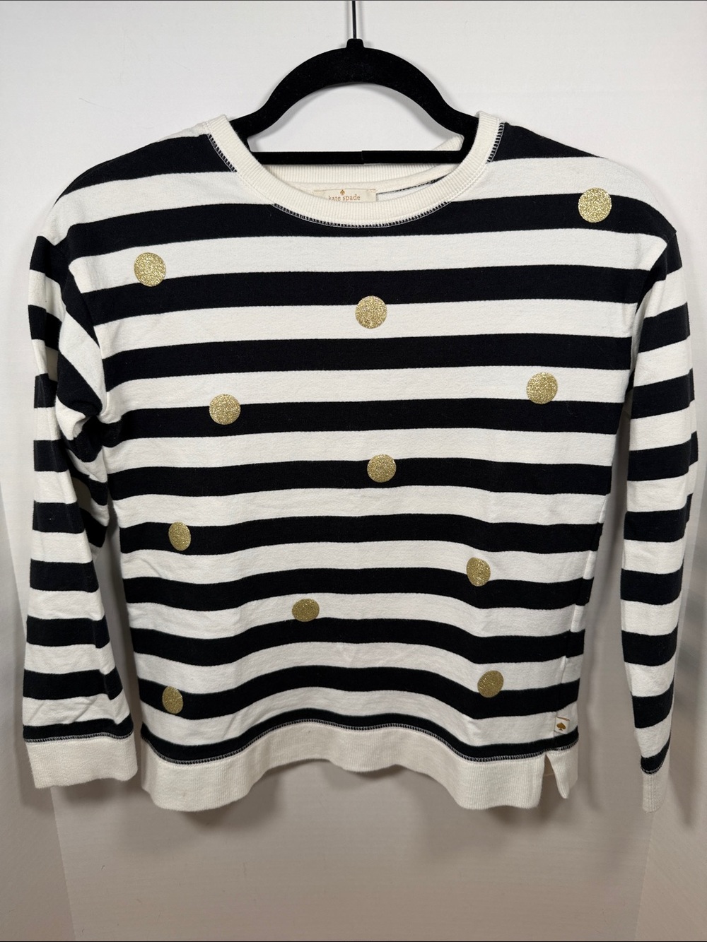 Kate Spade Girl’s Black and White Striped Crewneck with Gold Polka Dots